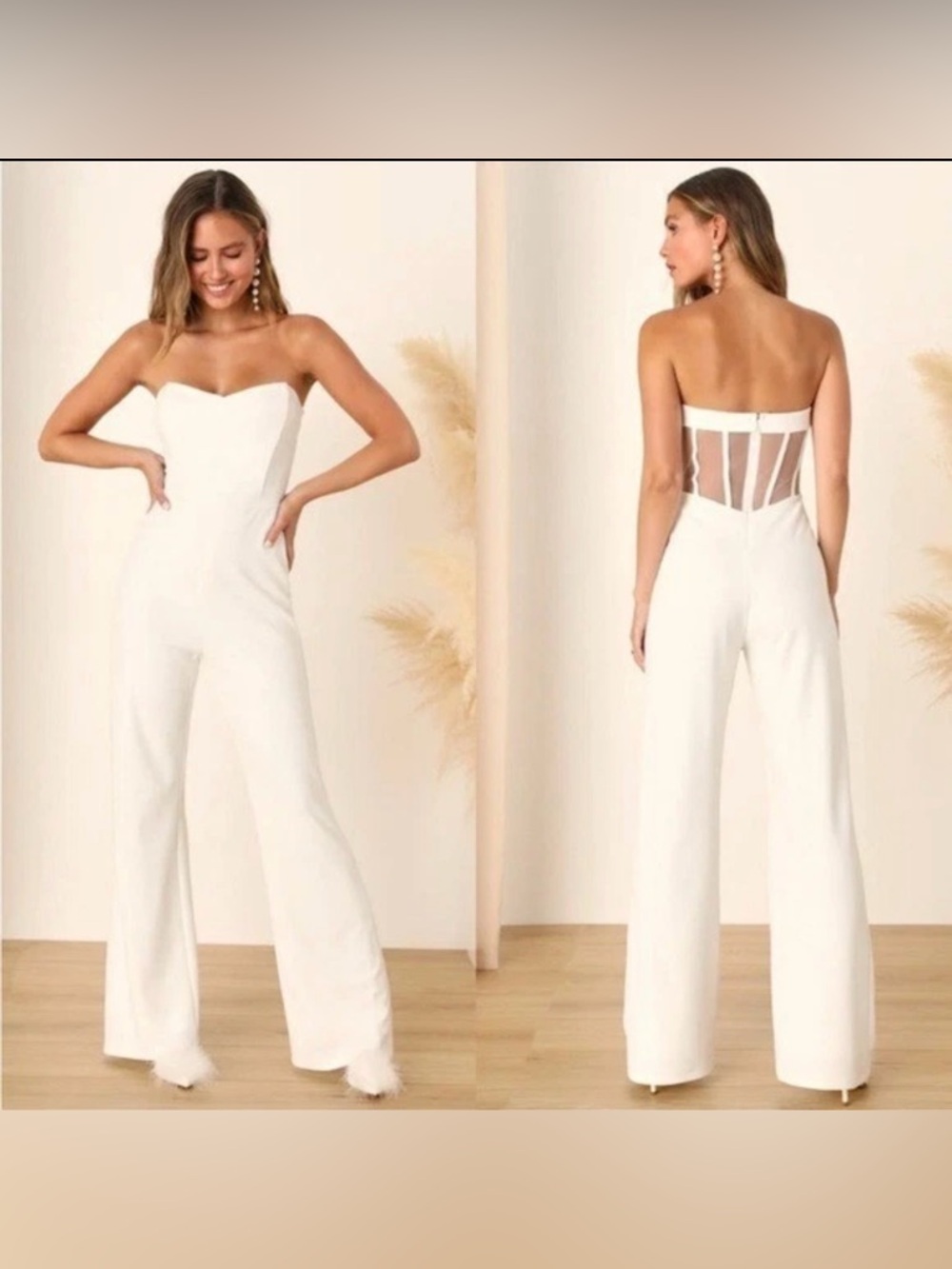 Lulus Fashionista Nights Ivory Strapless Bustier Wide-Leg Jumpsuit Size XL